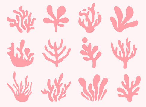 Modern cut paper style coral silhouettes. Set of abstract, minimalist pink seaweed and algae shapes for contemporary poster and pattern design