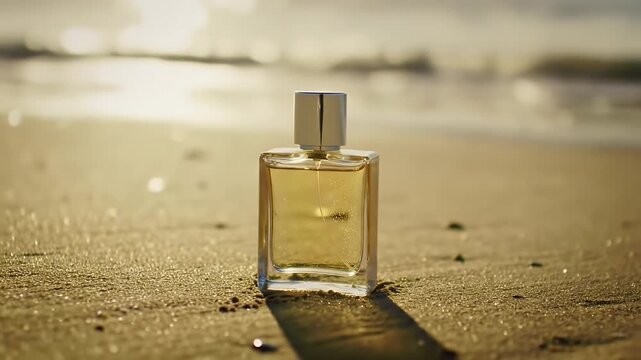Elegant Golden Perfume Bottle on Sandy Beach with Gentle Ocean Waves at Shoreline