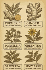 Vintage botanical illustration on aged parchment featuring detailed drawings of anti-inflammatory herbs including turmeric, ginger, boswellia, green tea, and holy basil, ideal for herbal medicine, edu