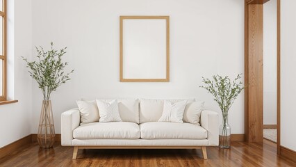 Fototapeta premium Room interior wall mockup highlighting a couch, soft pillows, and a plant-filled vase.
