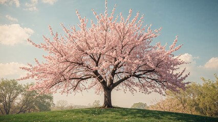 Obraz premium Colorful spring garden with pink cherry flowers and lush plants