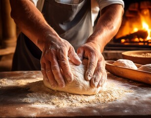 hands kneading dough on rustic stone surface near warm oven showcasing traditional baking process and cozy rural atmosphere
