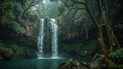 Lush green moss enveloping stones near a waterfall