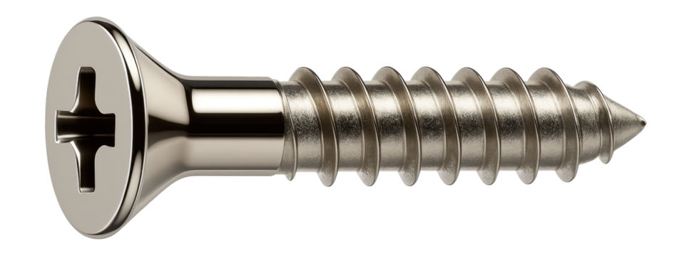 Countersunk furniture screw with a nickel finish, suitable for attaching hinges to doors.