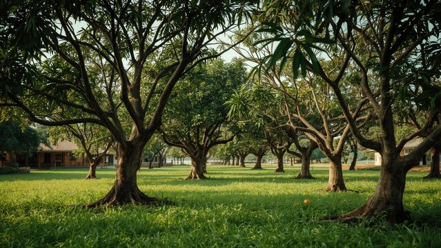 Tropical orchard scene with lush greenery and natural surroundings