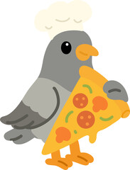 Cute pigeon chef in a white hat, proudly holding a pizza slice. Flat vector style with subtle shadows, no gradients.