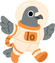  Adorable vector pigeon in a space suit, floating among stars in zero gravity. Flat style with soft shadows, bold outlines, no gradients.