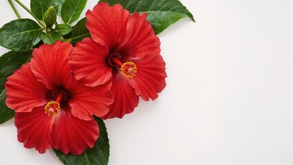 Isolated tropical red hibiscus floral arrangement positioned in the corner on white