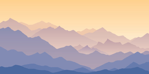 Sunrise in the mountains, ridges in the morning light, minimalistic landscape, vector illustration