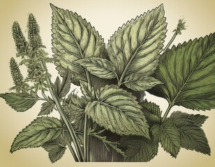 vintage botanical sketch of nettles and sorrel leaves for nature inspired design