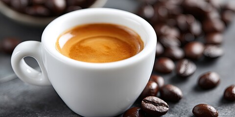 Espresso in a white cup, surrounded by coffee beans