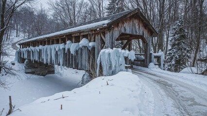 Rustic wooden bridge enduring an ice calamity