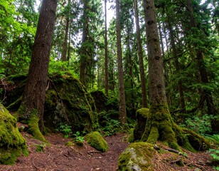 Lush forest path with mossy rocks