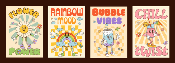 Groovy characters posters. Cartoon playful and cheerful retro flower, rainbow, soda can, and tropical drink y2k hippie personages expressing vibrant relaxed and positive summer vibes with text slogans