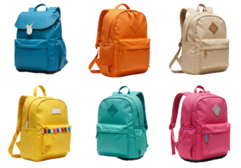 A vibrant assortment of stylish and colorful backpacks in various bright hues, isolated on a white background for school or travel.
