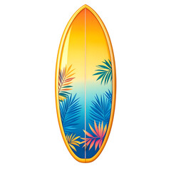 Tropical Surfboard: Capturing a moment of sun-kissed serenity, the surfboard showcases a tropical motif with a gradient blend of yellow and blue hues, adorned with stylized palm leaves.