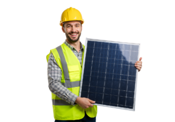 A smiling professional engineer in a yellow hard hat holding a photovoltaic solar panel for a renewable energy project, isolated on white.