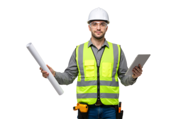 Confident construction engineer in a safety vest comparing traditional paper blueprints with a modern digital tablet, isolated on white.