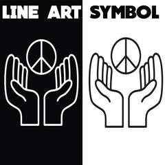Minimalist Peace Symbol in Hands – Black and White Line Art Vector