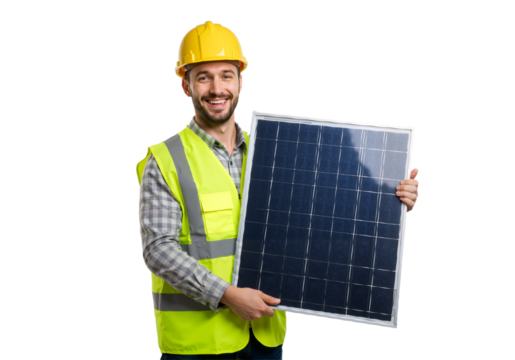 A smiling professional engineer in a yellow hard hat holding a photovoltaic solar panel for a renewable energy project, isolated on white.
