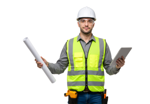 Confident construction engineer in a safety vest comparing traditional paper blueprints with a modern digital tablet, isolated on white.