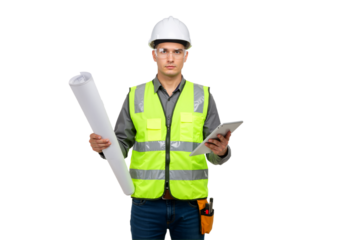 Confident architect in safety gear comparing digital plans on a tablet with traditional paper blueprints.