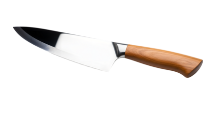 Sharp kitchen chef knife with a polished steel blade and a wooden handle, isolated on transparent background