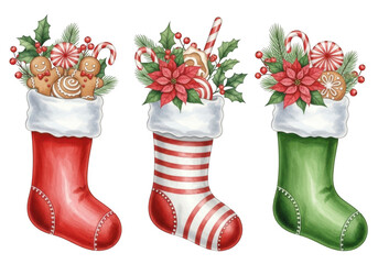 Three festive christmas stockings filled with sweets isolated on transparent background