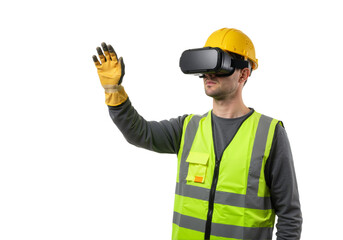 An industrial engineer wearing a hard hat and safety vest interacts with a virtual reality headset for a futuristic construction simulation.