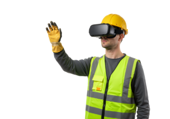 An industrial engineer wearing a hard hat and safety vest interacts with a virtual reality headset for a futuristic construction simulation.