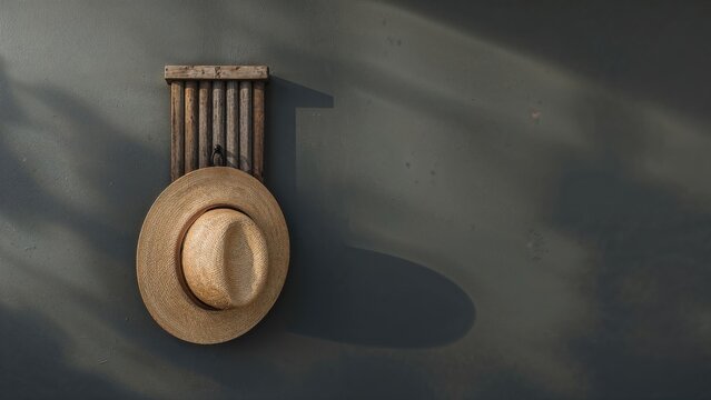 Straw fedora hat displayed on retro wooden accordion wall hooks mounted on a bare gray wall in dim light.