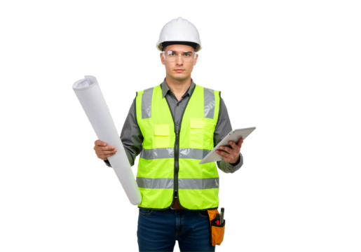 Confident architect in safety gear comparing digital plans on a tablet with traditional paper blueprints.