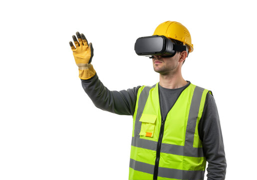 An industrial engineer wearing a hard hat and safety vest interacts with a virtual reality headset for a futuristic construction simulation.