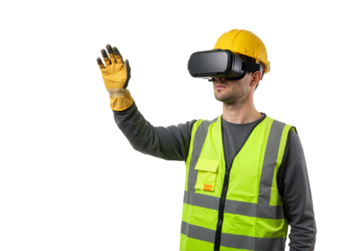 An industrial engineer wearing a hard hat and safety vest interacts with a virtual reality headset for a futuristic construction simulation.