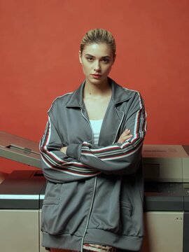 Young woman standing with crossed arms leaning against office photocopier on vibrant orange background