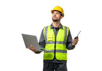 Construction Worker Using Laptop and Radio Modern Technology in Construction