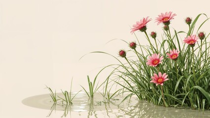 Bright Pink and Red Blossoms on Prickly Branches Beside a Small Rainwater Pool