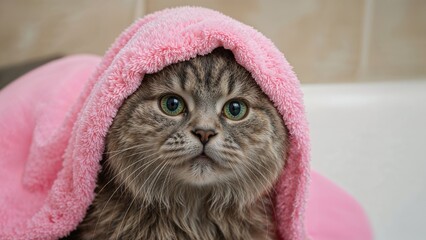 Adorable gray tabby kitten with sparkling blue eyes wrapped in a pink towel post-bath, showcasing a joyful expression.