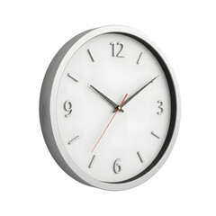 Modern minimalist white wall clock with silver frame and black hands, isolated on transparent background