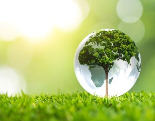 Transparent earth globe with tree inside symbolizes global ecosystem sustainability