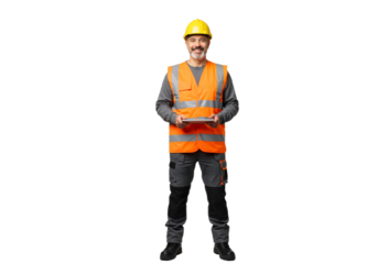A cheerful senior construction worker in high-visibility safety gear using a digital tablet, isolated on a white background.