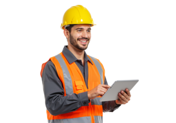 Cheerful construction worker using a tablet for project management and site data analysis.