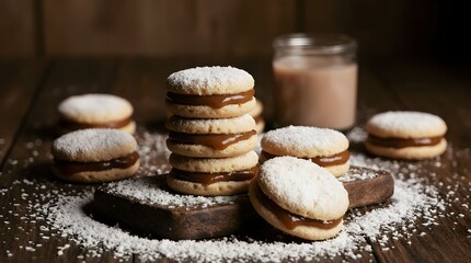 Alfajores, soft South American sandwich cookies filled with dulce de leche and rolled in shredded coconut