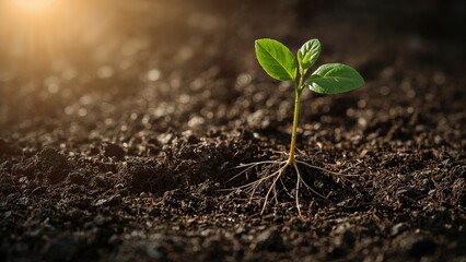 Young vegetation growing in sunlit soil, highlighting ecological and earth care ideas