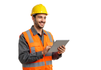 Happy industrial worker in a hard hat and safety vest managing tasks on a tablet, showcasing modern construction technology