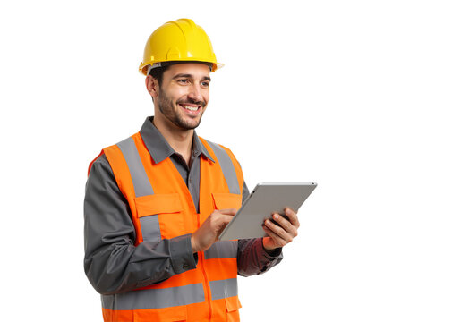 Happy industrial worker in a hard hat and safety vest managing tasks on a tablet, showcasing modern construction technology