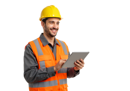 Happy industrial worker in a hard hat and safety vest managing tasks on a tablet, showcasing modern construction technology - Powered by Adobe