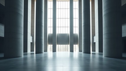 Vast architectural space with smooth concrete columns and diffused natural light, symmetrical and minimalist.