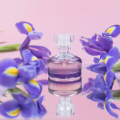 Elegant Pink-Violet Perfume Bottle with Irises on Soft Pink Background