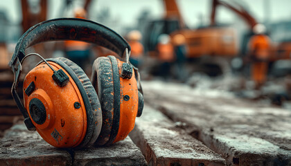 Bright orange ear protection gear rests on concrete slabs at a construction site. Blurred background shows heavy machinery and workers, emphasizing the need for hearing safety in noisy environments.